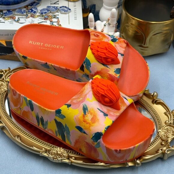 🆕 KURT GEIGER LONDON 🧿 NWOB Eagle Chunky Rubber Slide, Orange Floral, Sz US 7 - Picture 9 of 14